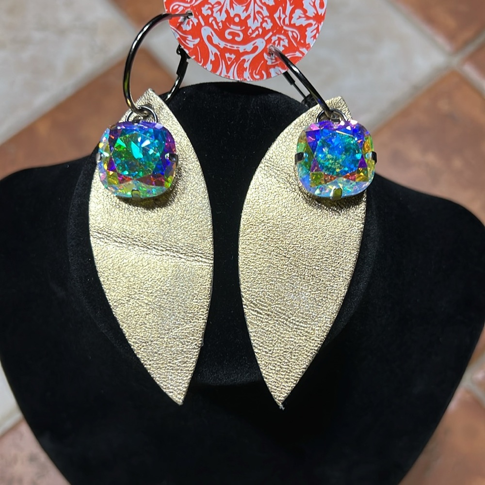 Sandra Ling Gold Metallic Feather Leather Earrings With Large AB Crystal Stone